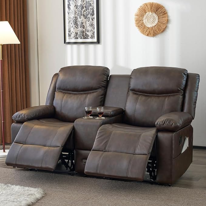 Loveseat Recliner Sofa, PU Leather Sofa Couch, Manual Recliner Loveseat with Console, Double Reclining RV Sofa with Cup Holders and Side Pocket for Living Room/Office/Apartment (Brown) | Heating & Massage, Hidden Drawer