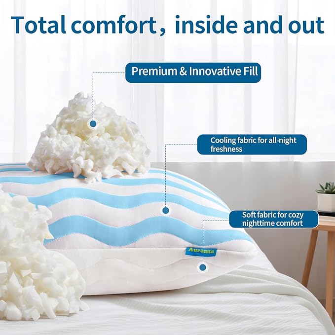 Pillows Standard Size Set of 2 - Cooling Shredded Memory Foam Bed Pillows for Sleeping, Adjustable Loft for Side, Back, and Stomach Sleepers, Medium Firm Support with Washable Cover, Blue
