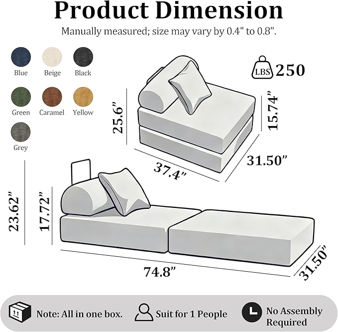 31.5'' Convertible Compressed Corduroy Folding Cloud Sofa Bed, Modern Boneless Pull Out Sleeper Sofa Couch in a Box, 3 in 1 Portable Lazy Floor Lounge Chair, for Small Space, Grey, Pillow, Single