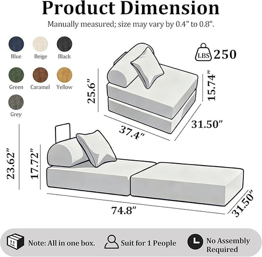 31.5'' Convertible Compressed Corduroy Folding Sofa Bed, Modern Boneless Pull Out Sleeper Sofa Couch in a Box, 3 in 1 Portable Lazy Floor Lounge Chair, No Assembly Needed, Navy Blue, Pillow, Single
