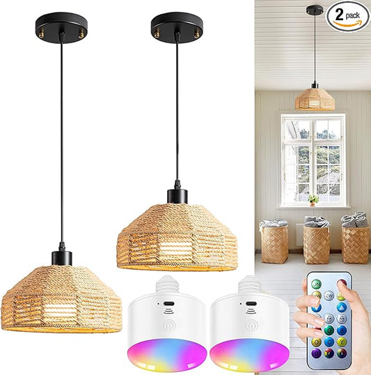 Battery Operated Pendant Light with Remote,Battery Hanging Light Rattan Woven Chandelier No Wiring Needed,Rechargeable Light Bulb 50+Hours Continue Use,Perfect for Kitchen Islands Ceiling Lighting