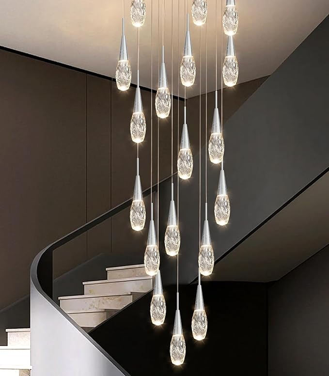 18-Lights 138 Inches Modern Chandelier LED Light Fixtures High Ceiling Long Light Chandelier for Entrance Foyer Dimmable Drop Lights with Remote Living Room Ceiling Pendant Lighting Shine Silver