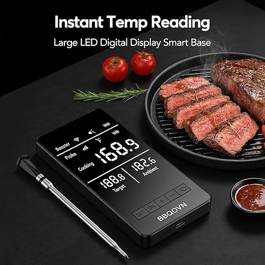 Smart WiFi Wireless Meat Thermometer, Sub-1G Long Range 1000FT, 7 NIST Certified Sensors in 1 Thin Probe ±0.5℉ Accuracy, Standalone Base with Large LED Screen for BBQ Grill Smoker Oven-Black