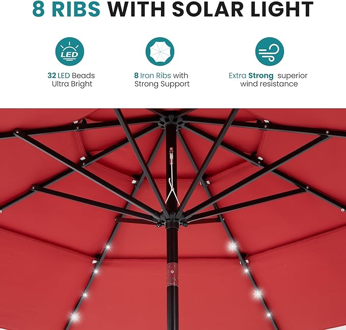 DUMOS 10FT 3 Tier Patio Umbrella with 32 LED Lights, 8 Ribs Outdoor Table Umbrella with Crank, Waterproof Market Umbrella for Pool, Beach, Terrace and Outdoor Restaurant, Red