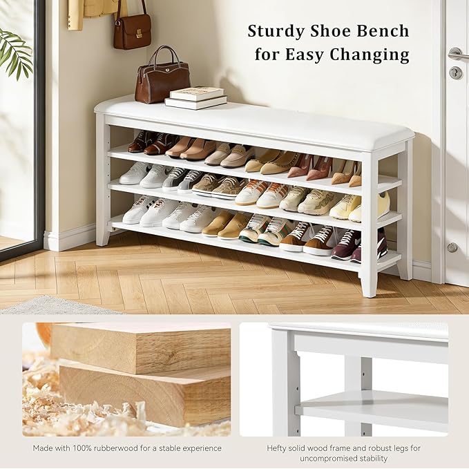 Shoe Bench Storage Rubberwood with Leather Cushion for Entryway Bench Ideal for Hallways Shoe Rack Front Doors Entrances Mudrooms Featuring 3 Height-Adjustable and Removable Shelves