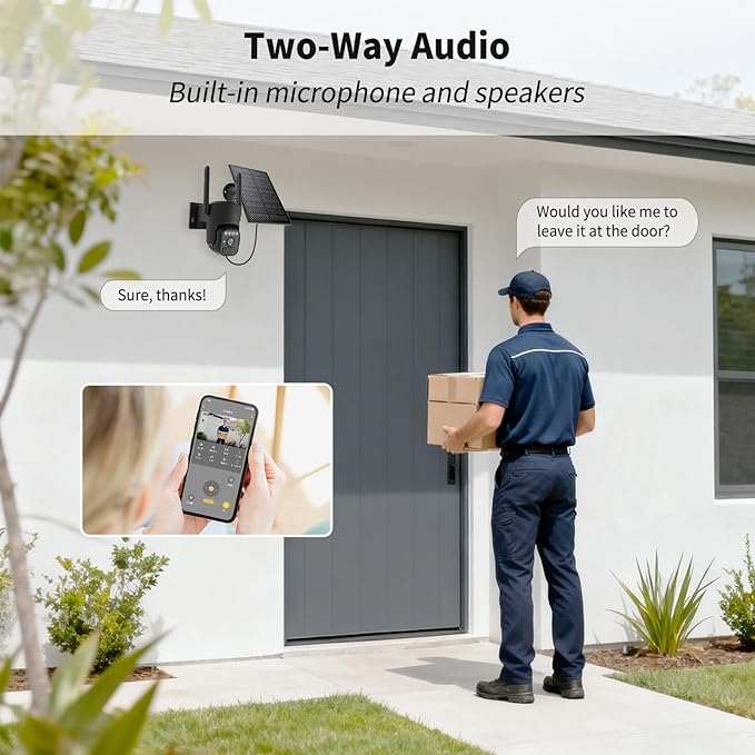 Solar Security Cameras Wireless Outdoor 2 Packs, Color Night Vision, SD/Cloud Storage, 2-Way Talk, 2.4GHz WiFi, IP65 Waterproof, 360° View