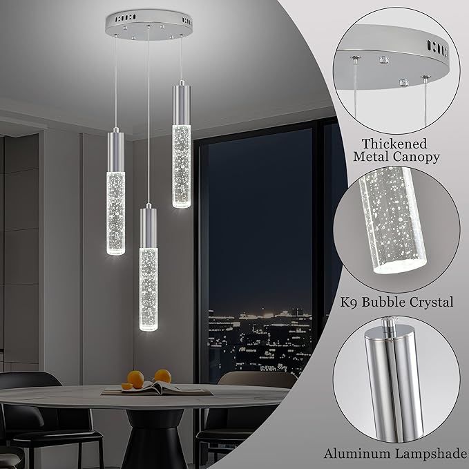 Modern Crystal Chandelier for Kitchen Island 3-Lights, Elegant Chrome LED Bubble Pendant Lighting Fixture for Dining Room Bedroom Entryway