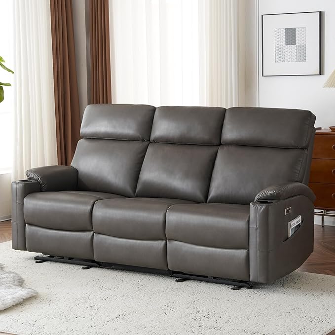 Power Reclining Sofa, Electric 3-Seat Dual Recliner Couch with USB Ports, Cup Holders, Wall Hugger Sofa & Couch for Living Room Home Theater Apartment RV (Grey) | Drop-Down Table, Side Pocket, Extended Footrest, Breathable Material