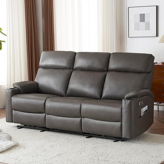 Power Reclining Sofa, Electric 3-Seat Dual Recliner Couch with USB Ports, Cup Holders, Wall Hugger Sofa & Couch for Living Room Home Theater Apartment RV (Grey) | Drop-Down Table, Side Pocket, Extended Footrest, Breathable Material