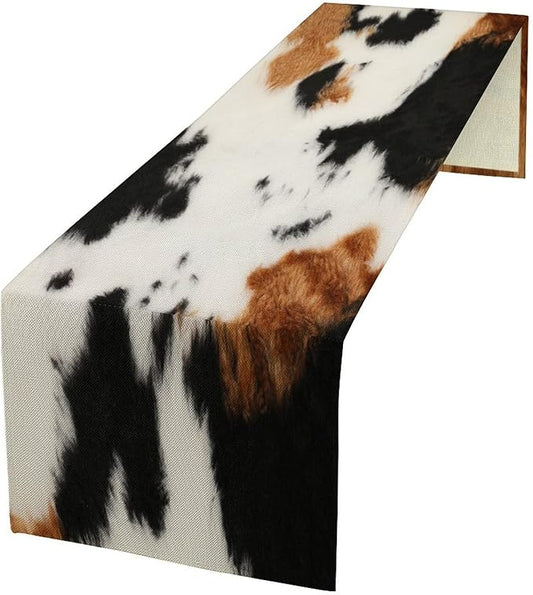 Cowhide Table Runne Vintage Cow Print 3D Rustic Theme Animal Fur Skin Farm Dining Table Decoration for Kitchen Dining Room Holiday Party Decor 13x108in
