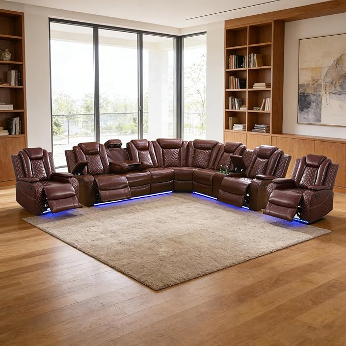 Power Recliner Sectional Sofa Set, Brown Leather Sectional Couch and 2 Chairs for Living Room, L Shape Reclining Sofa with Cup Holder, Hidden Storage, Coffee Table for House(7 Seat)