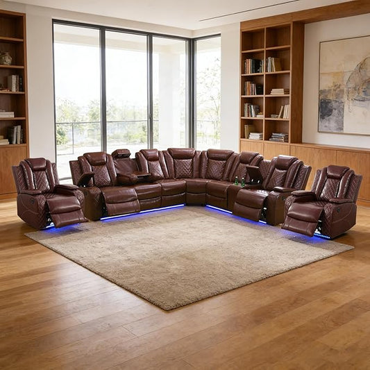 Power Recliner Sectional Sofa Set, Brown Leather Sectional Couch and 2 Chairs for Living Room, L Shape Reclining Sofa with Cup Holder, Hidden Storage, Coffee Table for House(7 Seat)