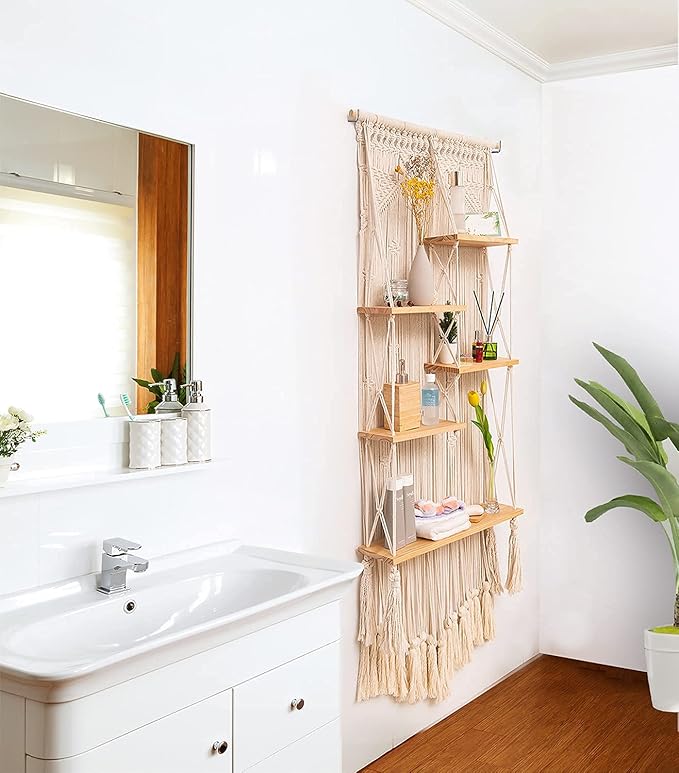 jontell Macrame Wall Hanging Shelf- Macrame Shelves Handmade Decorative Floating Boho Shelf-Plant Shelf Display Rack to Organize and Decor for Living Room, Bedroom, Bathroom…