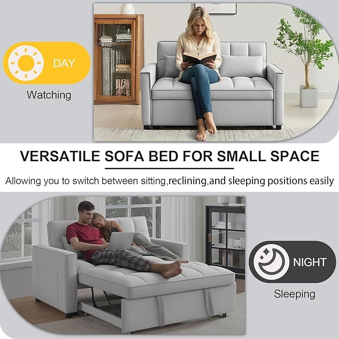3 in 1 Convertible Sofa Bed, Love Seat Sleeper Bed with Side Pockets, Velvet Fabric Pull Out Couch with Adjustable Backrest for Living Room, Bedroom, Apartment, Gray