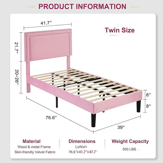 Twin Size Platform Bed Frame with Height Adjustable Upholstered Headboard, Modern Mattress Foundation,Strong Wood Slat Support, No Box Spring Needed, Easy Assembly