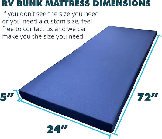 Foamma 5” x 24” x 72” Water Resistant Memory Foam RV Bunk Mattress, Firm High Density Foam Base, Comfortable and Durable Polyester Cover, Truck, Camper, Travel Trailer, Made in USA