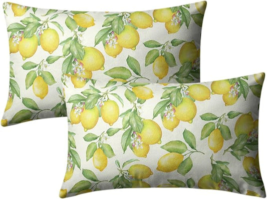 Lemon Pillow Covers 12x20 Set of 2 Yellow Green Fruits and Leaf Floral Throw Pillows Farmhouse Summer Outdoor Decorative Lumbar Pillow Case for Bed Couch Sofa Living Room