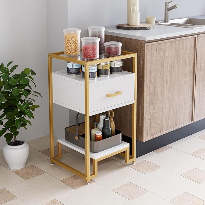 GAOMON Nightstand Set of 2, End Table with Storage Drawer and 3-Tier Storage & Tempered Glass Top, Bedside Furniture with Steel Frame, Side Table for Bedroom, Dorm, Easy Assembly, White and Gold