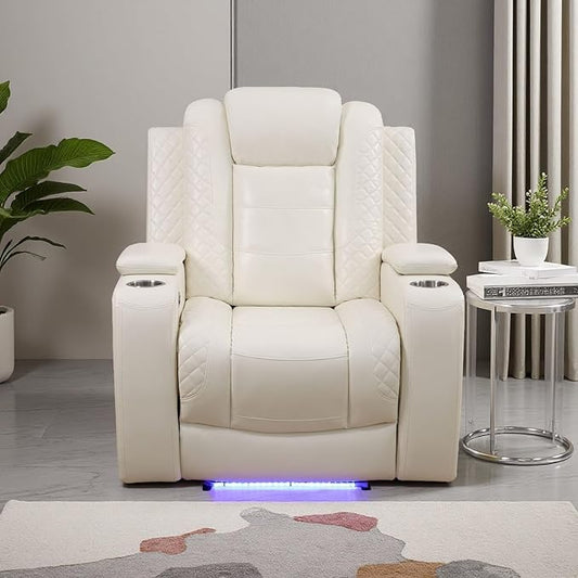 Power Theater Recliner Chair, Cream White Leather Reclining Sofa Couch Chair, Modern Comfy Recliner with Arm Storage/Cup Holder/USB Port for Living Room Furniture, Office, Home Theater