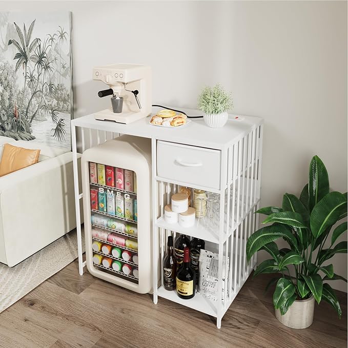 VOWNER Mini Fridge Cabinet with Power Outlet, 3-Tier Industrial Style Kitchen Microwave Stand Baker Rack with Drawer, Utility Storage Shelf for Home Kitchen Dorm Office, White, 35" Lx22 Wx37 H
