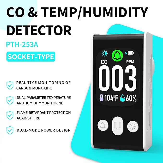 Protmex Carbon Monoxide Detector, 3-in-1 Plug-in CO Alarm with Temperature & Humidity Monitor, Smart Air Quality Monitor with Digital Display, Dual Alert, Back-Up Battery for Home, Bedroom, RV