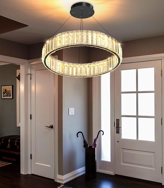 16'' Modern Ring Chandelier Crystal Chandeliers for Dining Room Round LED Dimmable Ceiling Light Fixture for Living Room Bedroom Lighting Black