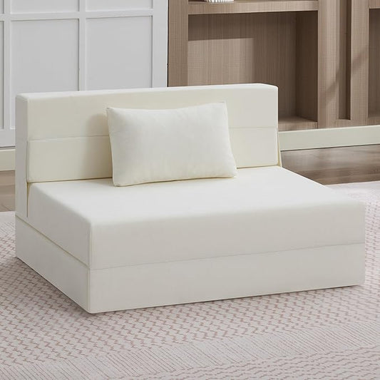 WUTUTUEE Folding Sofa Bed Convertible Floor Couch Foldable Chair Bed with Pillow，Linen Sleeper Chair Futon,Foldable Memory Foam Mattress for Bedroom/Living Room/Dorm/Office (Beige, Standard)
