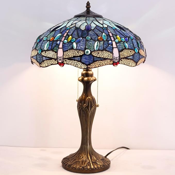 WERFACTORY Tiffany Lamp Blue Stained Glass Dragonfly Style Bedside Table Lamp 16X16X24 Inch Desk Reading Light Metal Base Decor Bedroom Living Room Home Office S631 Series