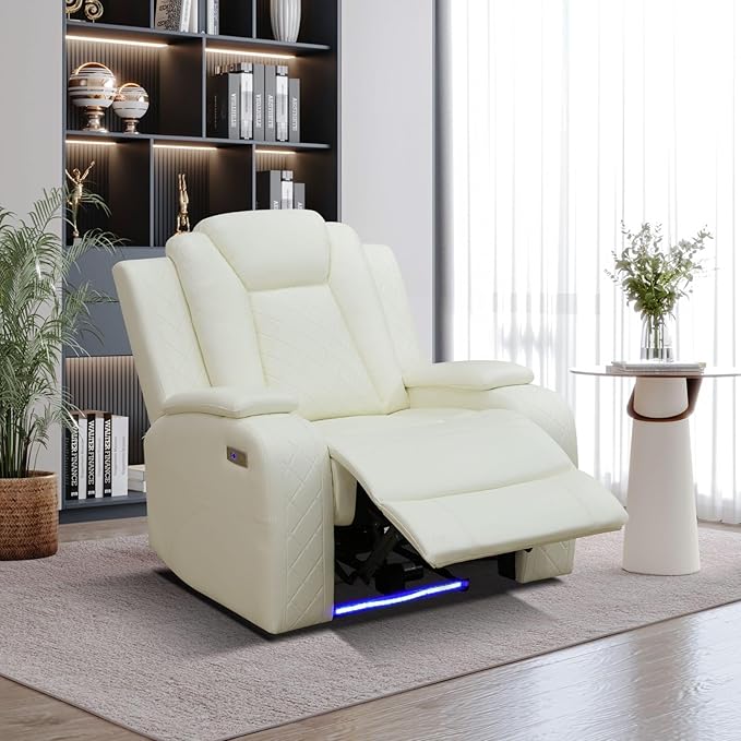 Power Recliner Sofa Set, Air Leather Reclining Couch with LED, Reclining Living Room Sofa and Loveseat Chair for House/Apartment/Office (Creamy White, LOVESEAT+2 Chairs)
