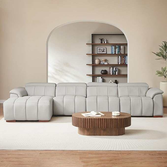 KEIKI 145" L-Shaped Genuine Leather Wall-Hugger Reclining Sofa with Left Chaise, Adjustable Backrest & Footrest, Modern Electric Control 4-Seater Couch with USB, for Living Room, Light Grey