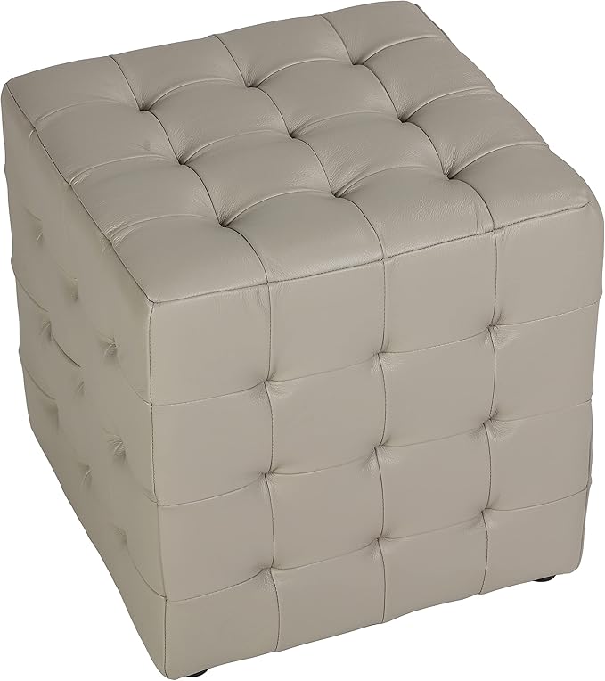 Cortesi Home Charli Tufted Cube Ottoman in 100% Genuine Leather, Light Grey