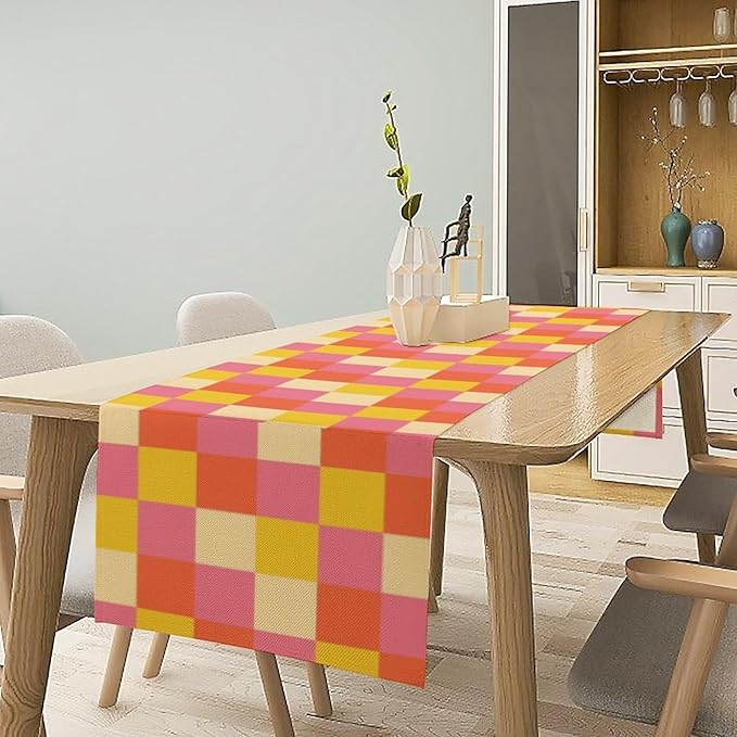 70s Hippie Table Runner Orange Yellow Pink Vintage Geometric Table Runner 1960s Retro Country Dinner Runner for Living Room Kitchen Party Holiday Dinner Home Decor 13x70in