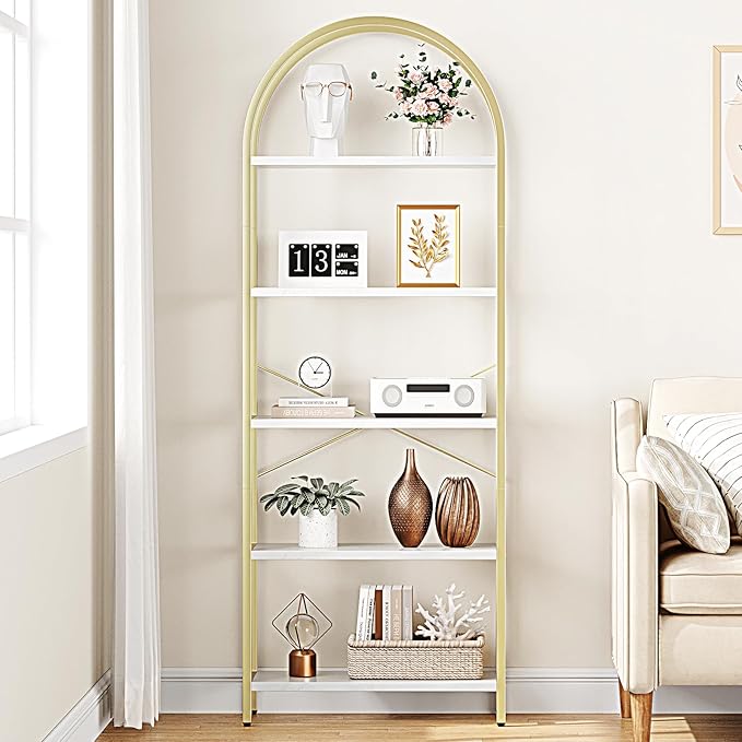 GAOMON Arched Bookshelf 5 Tier Bookcase 70.87in Tall Display Racks Modern Standing Bookshelves Metal Book Shelf for Bedroom, Living Room, Home Office