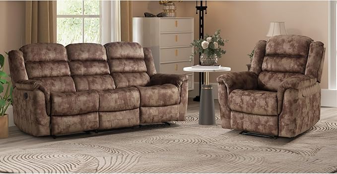 EBELLO 2 Pieces Reclining Couch Furniture Set, Soft Fabric Manual Recliner Sofa Home Theater Seating, Included Recliner Chair and 3 Seat Sofa, Brown