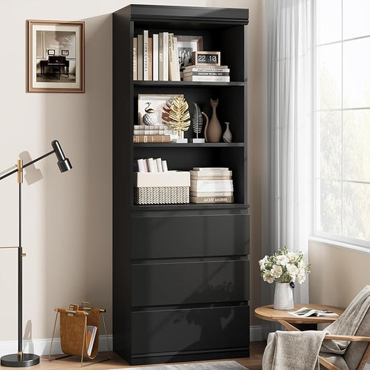IDEALHOUSE 70" H Bookcase with 3 Storage Drawers,Tall Bookshelf w/ 3-Tier Open Shelf, Morden Storage Bookcase Wooden Deep Bookshelves Storage Cabinet Organizer for Library Office Living Room (Black)