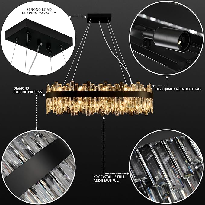 Black Crystal Chandeliers for Dining Room, 20 Lights Modern Oval Chandelier for Lining Room, Rectangular Crystal Pendant Light Fixture for Kitchen Island Bar L36 Inch