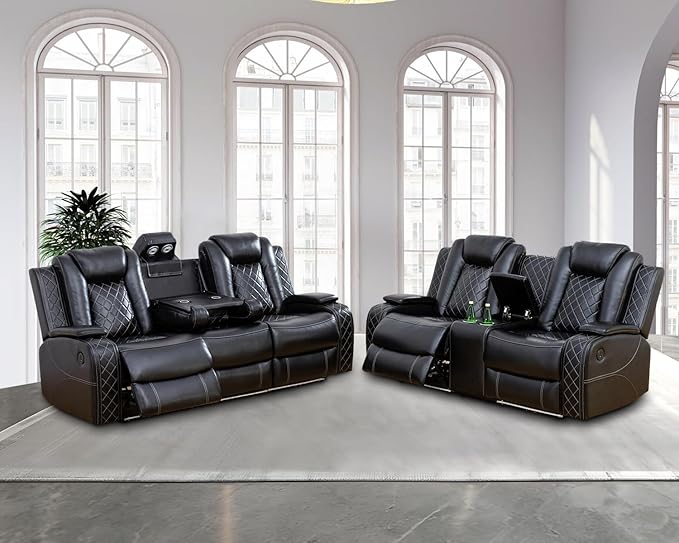 Power Recliner Sofa, Air Leather Reclining Couch with LED/Storage, 3-Seater Reclining Sofa, Black Leather Couch for House/Apartment/Office