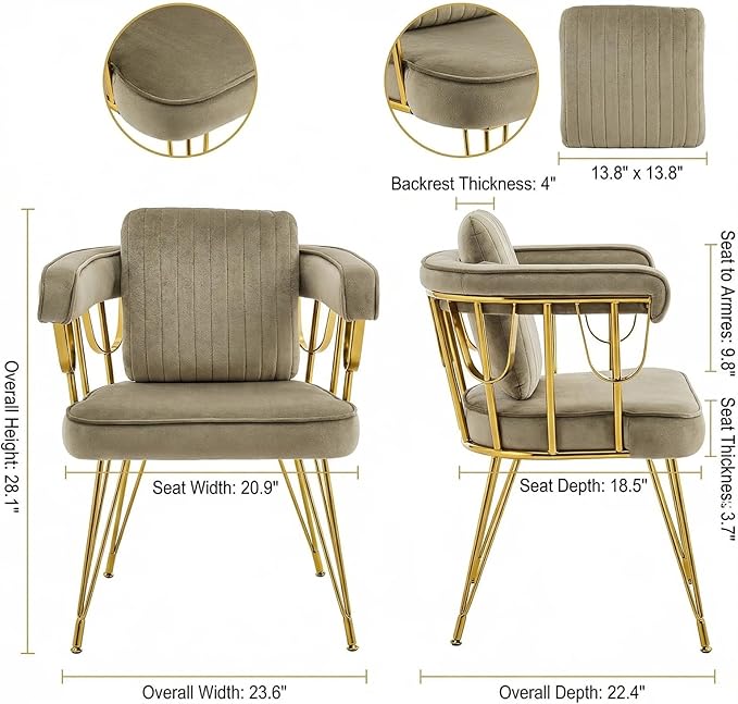 Makeup Vanity Chair with Gold Back No Wheels, Accent Velvet Desk Chairs with Extra Lumbar Pillow for Girls Bedroom Dressing Room Nail Salon Living Room, Greyish Brown