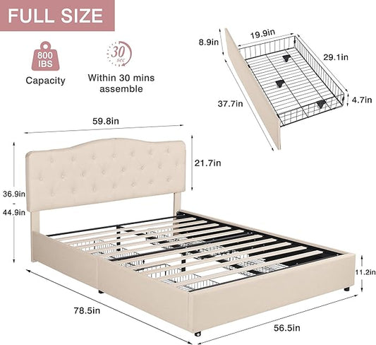 VECELO Full Size Platform Bed Frame with 4 Storage Drawers,Fabric Upholstered Headboard and Wooden Slats Support,Built-in USB and Type C Ports, No Box Spring Needed,Easy Assembly