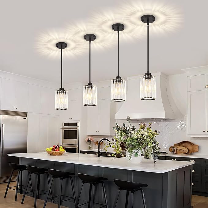 2 Pack Black Pendant Light, Modern Crystal Pendant Lights Kitchen Island Lighting, Hanging Light Fixtures Mini Chandelier Pendant Lights for Island Dining Room Hallway Bedroom