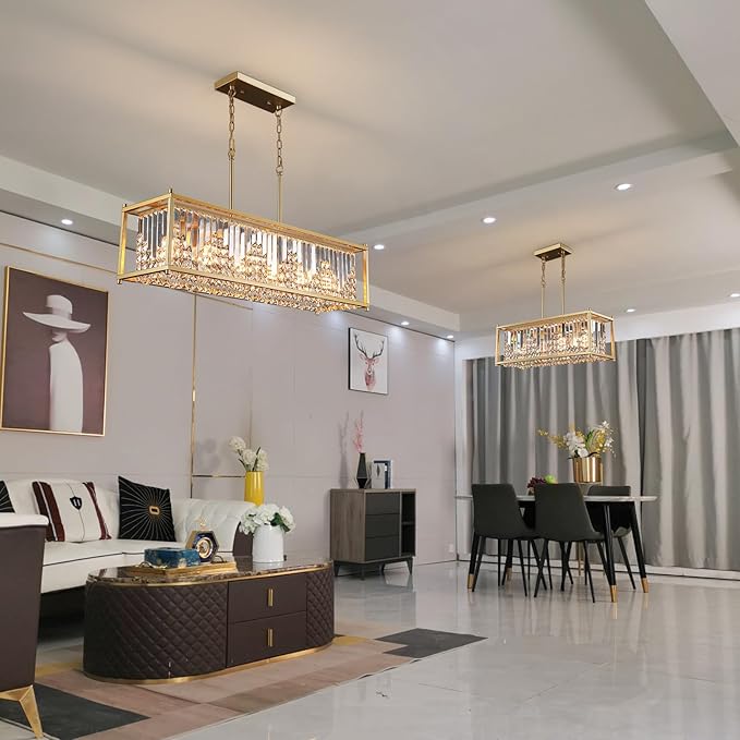 Q&S Modern Rectangular Crystal Chandelier,Gold Rectangle Chandeliers for Dining Room Luxury 6 Lights for Kitchen Island Bar Living Room Pool Table Hotel Office Restaurant L37.5 UL Listed