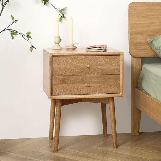 Mid Century Modern Nightstands, Oak Bedside Table Solid Wood End Table with Drawers Real Wooden Cabinet Organizer for Bedroom, Natural Color