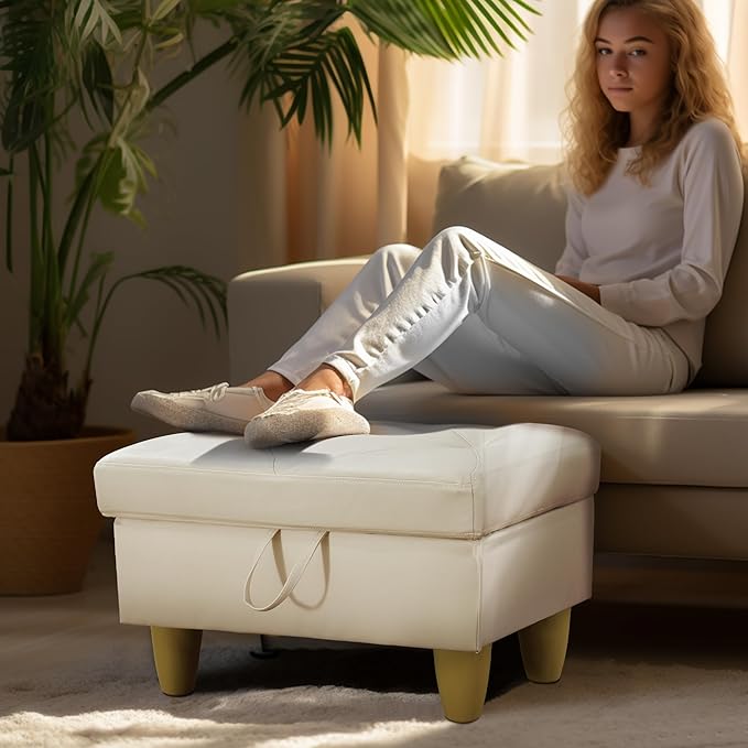 Ottoman Rectangular Storage Ottoman Bench, Faux Leather Footrest, Coffee Table, Stool Footstool with Hinged Lid for Living Room, Bedroom, Entryway, Off-White, 28.5"x19"x17.5"