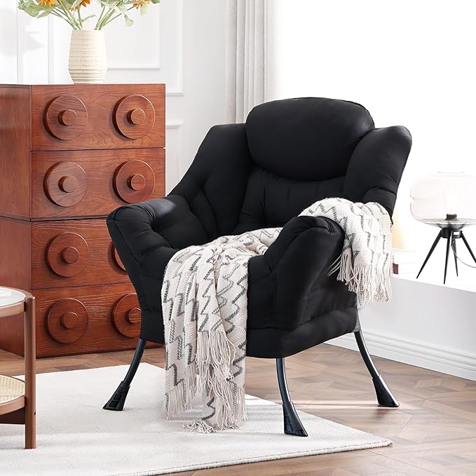 Lazy Chair, Large Accent Chair, Modern Comfy Armchair, Black Chair for Living Room Bedroom Dorm Room Office Apartment Reading Relaxing Use