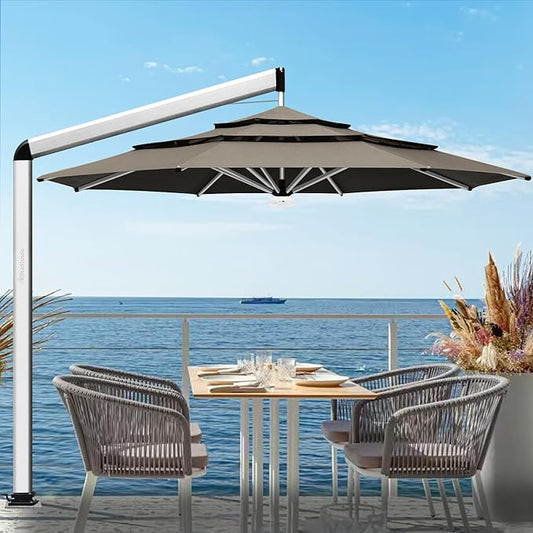 EliteShade USA Atlas 3-Tier 11FT Full Aluminum Cantilever Patio Umbrella for Outdoor Restaurant Garden Courtyard Deck Pool and Marketing with Light (No battery), Taupe