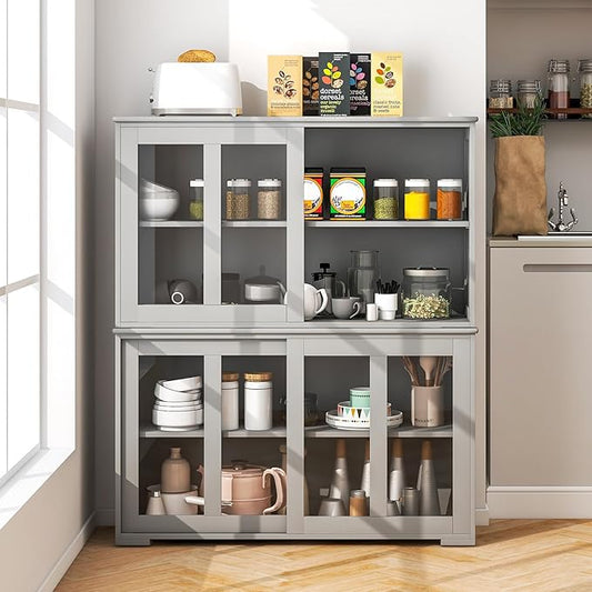Byroce Sideboard Buffet Cabinet, Stackable Storage Coffee Bar Cabinet with Adjustable Shelf & Glass Sliding Doors, Wood Cupboard Credenza Console Table for Kitchen Dining Living Room (2, Grey)