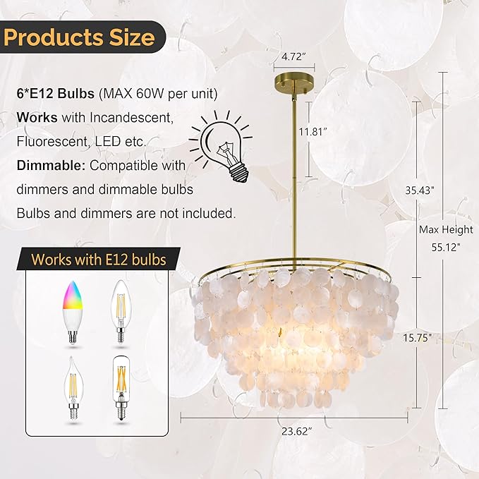 Wellmet Capiz Shell Chandelier, 6 Lights Gold Coastal Chandeliers for Dining Room, Modern Pendant Lighting Fixtures with Seashell Shade for Bedroom Living Room Hallway Foyer, W-23.62”