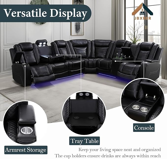 Power Recliner Sectional Sofa Set, Black Leather Sectional Couch and Chair for Living Room, L Shape Reclining Sofa with Cup Holder, Hidden Storage, Drop-Down Table for House(7 Seat)