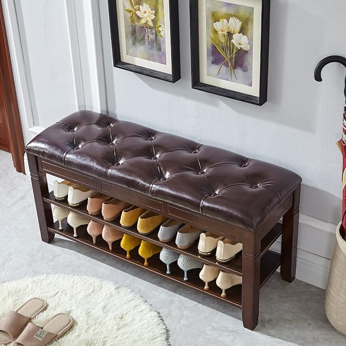 LEILISI Shoe Bench, Storage Rack Organizer with Cushion 2 Tier Lift Top Shoe Rack for Entryway Living Room Bedroom Hallway Wooden Furniture (Brown, 39.4'')