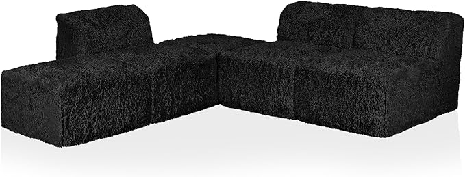 Furniture of America Havyn Modern Faux Fur 5-Seater L-Shaped Modular Armless Foam Sectional Sofa with Ottoman, Compressed Couch in a Box, No Assembly Required, for Living Room and Office, Black